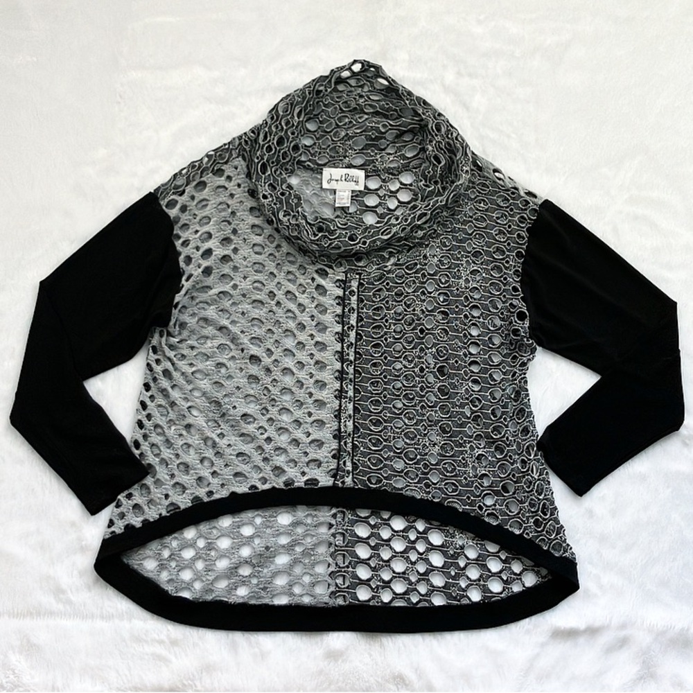 Like New Joseph Ribkoff High Low Black and Silver Cowl Neck Sweater, Size 14